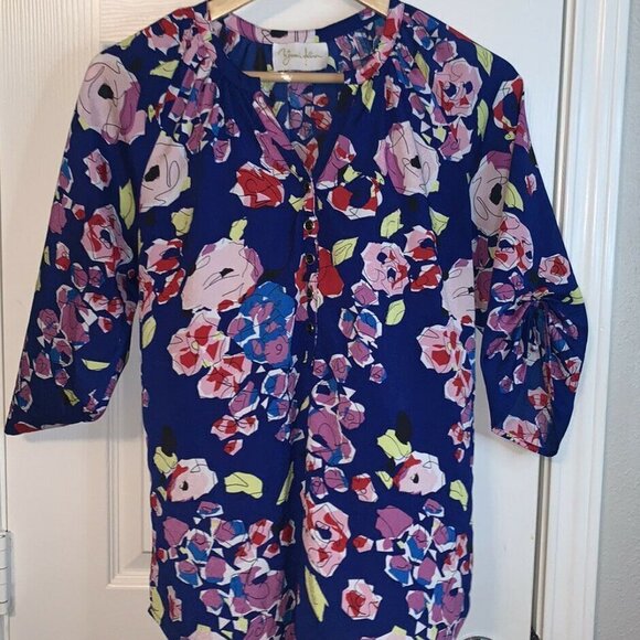 Yumi Kim Multi Color Floral 3/4 Roll Tab Sleeve Button Up Blouse Size Small - Picture 2 of 8